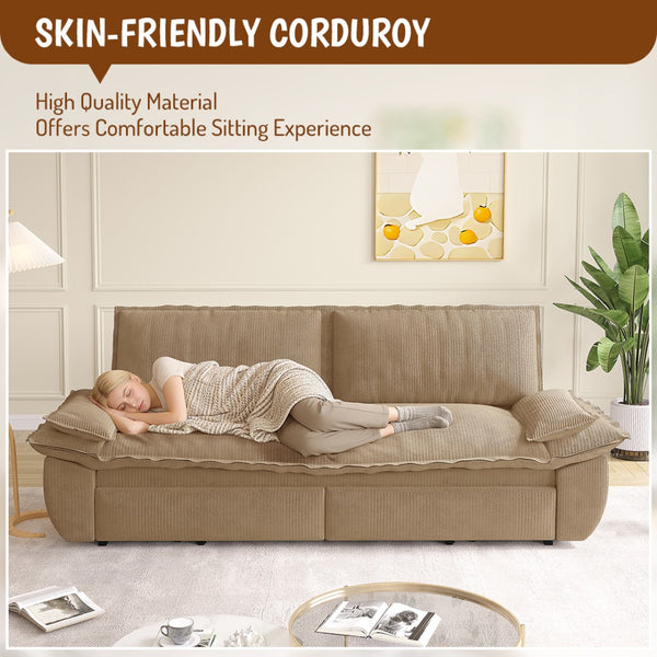 English Elm 73.2" Queen Sleeper Sofa Convertible Corduroy Loveseat for Guest Room or Living Space Camel W1885S00335