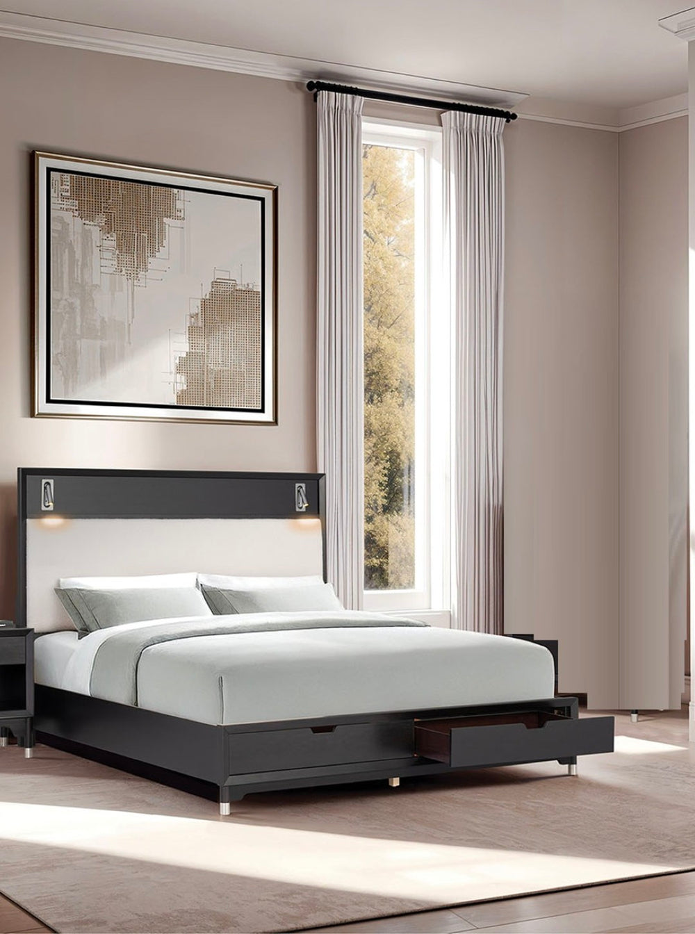English Elm Mid-century Modern Eastern King Storage Bed Upholstered Headboard with Led Reading Lights B2741S00794