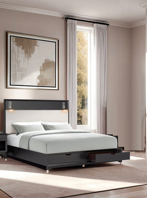 English Elm Mid-century Modern Eastern King Storage Bed Upholstered Headboard with Led Reading Lights B2741S00794