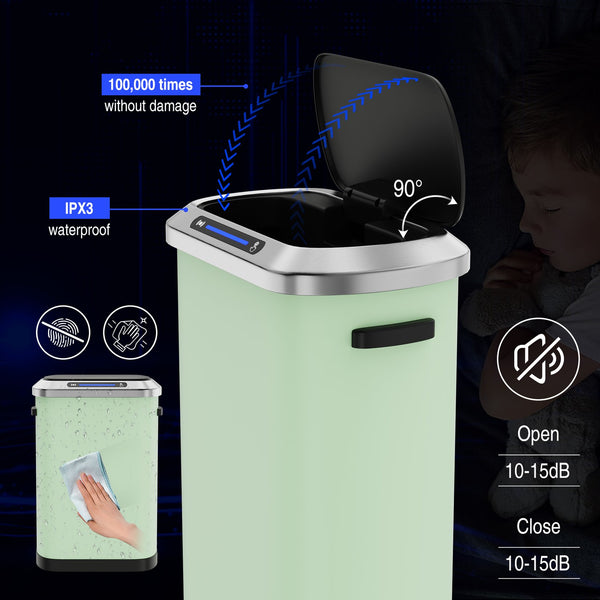 English Elm 50L Smart automatic Trash Can with Silent Slow-Close Lid, Motion Sensor, Durable 0.45mm Steel Body Mint Green W1550P247982