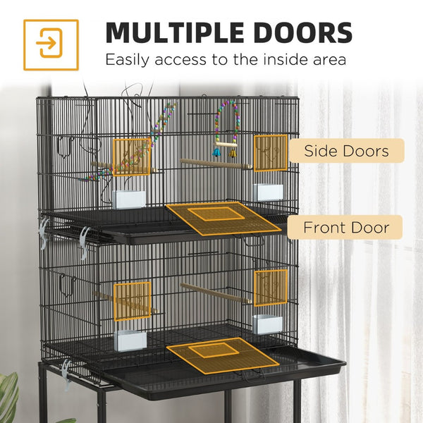 English Elm Pawhut Stackable Two Level Steel Bird Cage with Rolling Stand Perches Swing Ladder W2225P173758