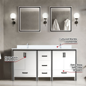 English Elm White Double Bath Vanity 72 in W x 22 in D with Cultured Marble Top, Chrome Faucets, 30" Mirrors, Durable Scratch-Resist Finish B2731S01141