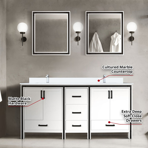 English Elm White Double Bath Vanity 72 in W x 22 in D with Cultured Marble Top, Chrome Faucets, 30" Mirrors, Durable Scratch-Resist Finish B2731S01141