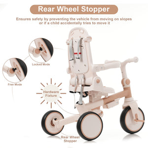 English Elm 7 in 1 Convertible Toddler Trike Aluminum Foldable Push Bike with Canopy for Ages 1 to 6 Light Brown N726P248345B
