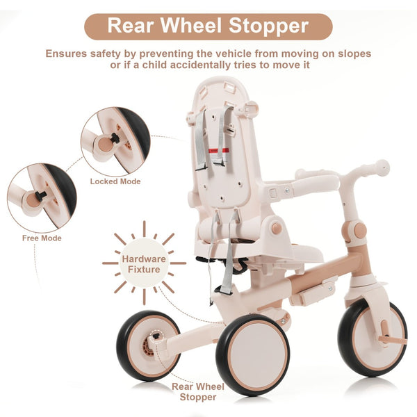English Elm 7 in 1 Convertible Toddler Trike Aluminum Foldable Push Bike with Canopy for Ages 1 to 6 Light Brown N726P248345B
