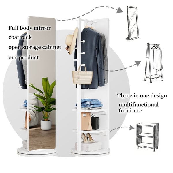 English Elm 360° Rotating Full Length Mirror with Coat Rack Solid Rubberwood White Entryway W2987P288952