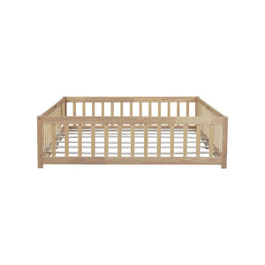 English Elm Queen Rubber Wood Floor Bed with Full Perimeter Safety Fence and Hinged Access Door Natural W504P429341