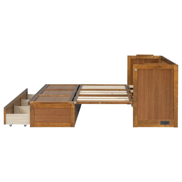 English Elm Queen Murphy Cabinet Bed Pine Wood Geometric Panels Usb Charging Guest Room Storage W504S00303