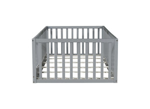 English Elm Twin Floor Bed Solid Rubber Wood with Tall Safety Railings for Toddler Sleep Grey W504P287651