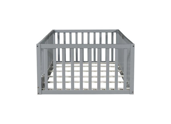 English Elm Twin Floor Bed Solid Rubber Wood with Tall Safety Railings for Toddler Sleep Grey W504P287651