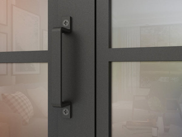 English Elm 30 in Matte Black Steel Sliding Barn Door Frosted Glass Privacy Panel with Hardware B2763P483213