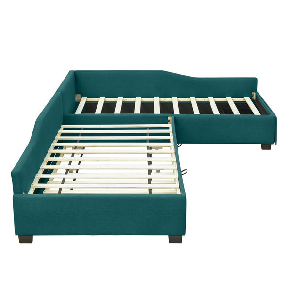 English Elm Upholstered Twin Daybed with Pull Out Trundle Linen Blend Sofa Style Studio Bed Green GX001316AAF
