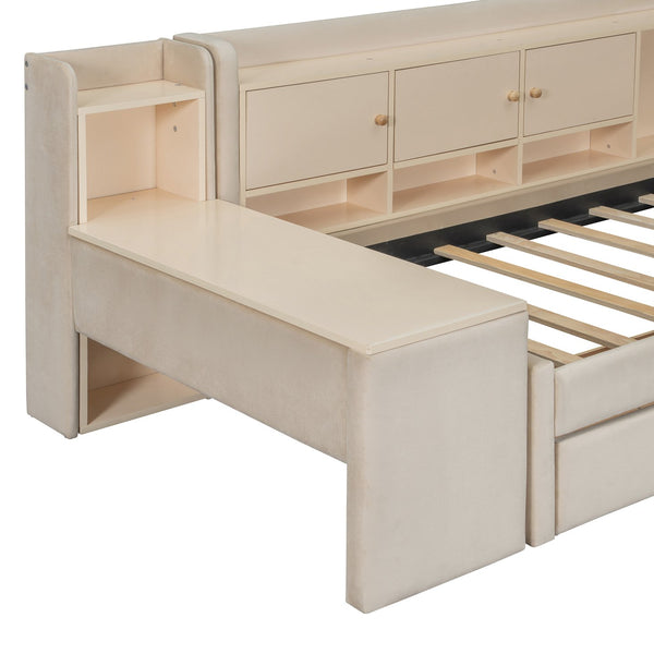 English Elm Twin Upholstered Daybed with Velvet Finish, High Back Shelves, Flip Cabinets, Drawers & Side Table Beige SF000196AAA