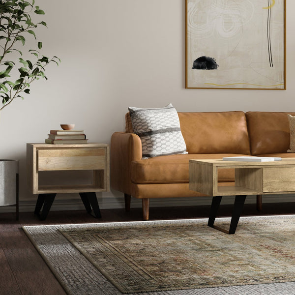 English Elm Lowry Natural Mango Wood End Table with Drawer, Modern Industrial Metal Legs, 22" Square Accent B136P203451
