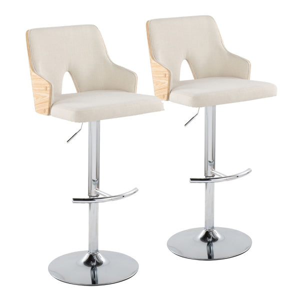 English Elm Contemporary Swivel Adjustable Barstool Set of 2 Slatted Wood Back Upholstered Seat Cream B202S01008