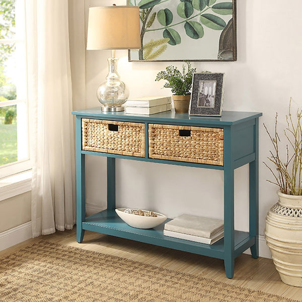 English Elm Teal Console Table With Stylish Storage, Two Drawers & Bottom Shelf For Narrow Spaces, Modern Design B062P189201-GIGA