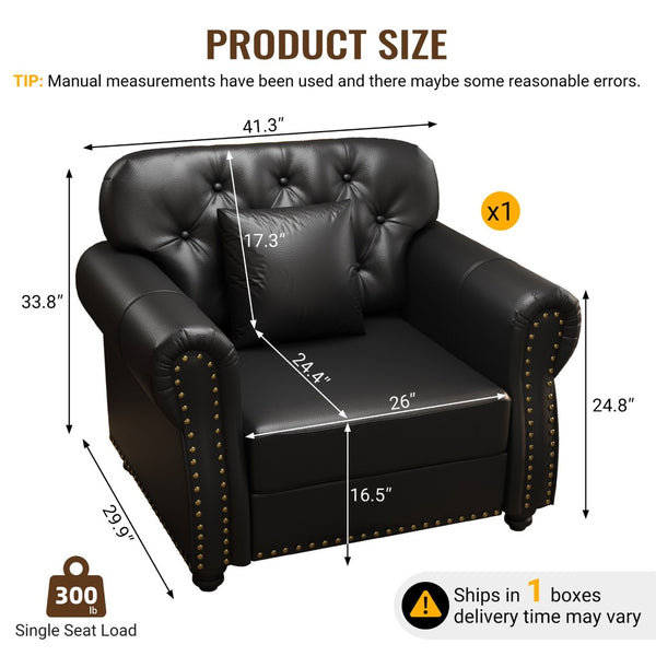 English Elm 41.3"upholstered Faux Leather Chair with Tufting Nailhead Trim Mid-century Style Black W1885P469594