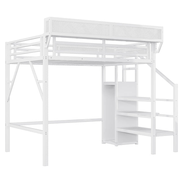 English Elm Twin Twin Size Loft Bed with Stairs and Built-In Shelves, Metal High Loft with Wardrobe for Kids Teens White W2580S00036