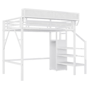 English Elm Twin Metal High Loft Bed with Staircase Storage Wardrobe for Kids and Teens White W2580S00061