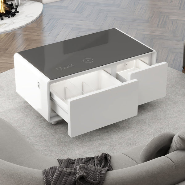 English Elm Modern Smart Coffee Table With Mini-Fridge, Bluetooth Speaker, Wireless Charging & Mood Lighting W1172P178882