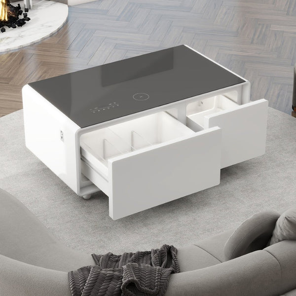 English Elm Modern Smart Coffee Table with Fridge Wireless Charging Bluetooth Speaker Rgb Ambiance W1172P476246