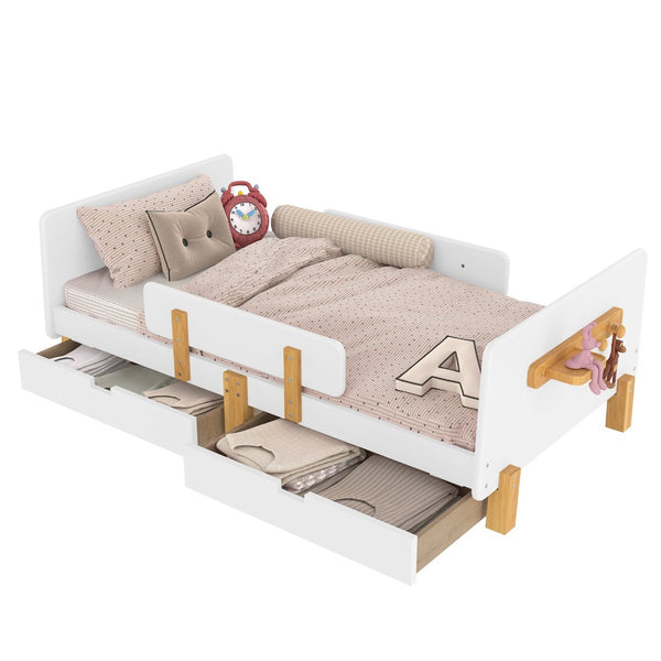 English Elm Twin Low Profile Kids Floor Bed Pine Wood Frame with Safety Rail and Built in Bookshelf Light White W1580P373241