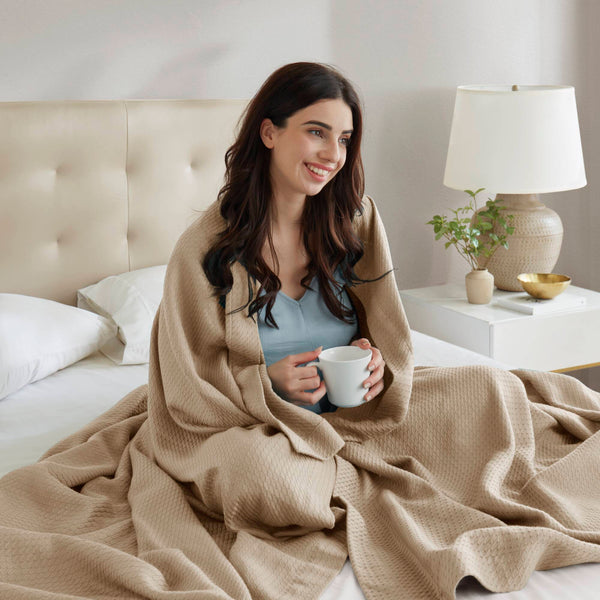 JLA Home Madison Park - Blanket Egyptian Cotton Ultra-Soft White Throw for Year-Round Breathable Comfort and Lasting Durability Khaki MP51N-6190