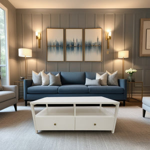 Alpine Furniture Avery Modern Cocktail Table With Four Drawers And Open Shelf, Brass Knobs, Fully Assembled Elegance Coconut Milk 2478-61
