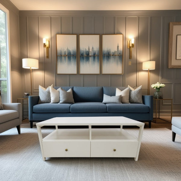 Alpine Furniture Avery Modern Cocktail Table With Four Drawers And Open Shelf, Brass Knobs, Fully Assembled Elegance Coconut Milk 2478-61