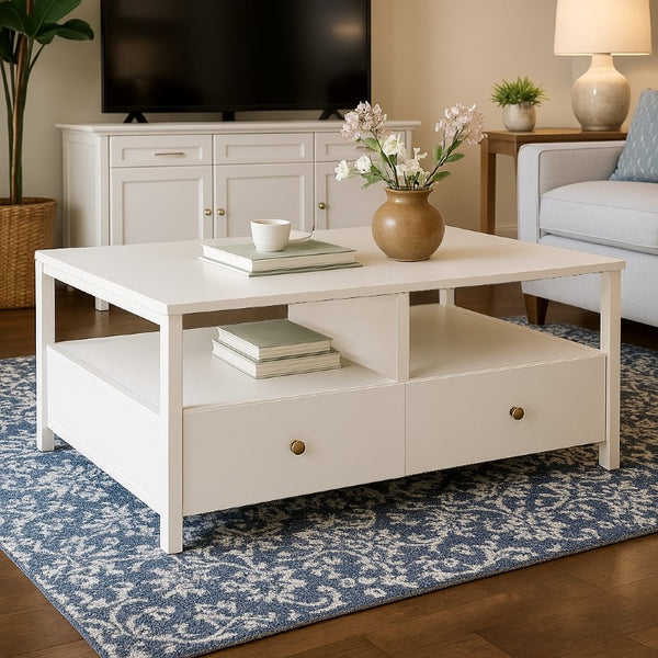 Alpine Furniture Avery Modern Cocktail Table With Four Drawers And Open Shelf, Brass Knobs, Fully Assembled Elegance Coconut Milk 2478-61