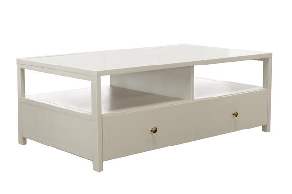 Alpine Furniture Avery Modern Cocktail Table With Four Drawers And Open Shelf, Brass Knobs, Fully Assembled Elegance Coconut Milk 2478-61