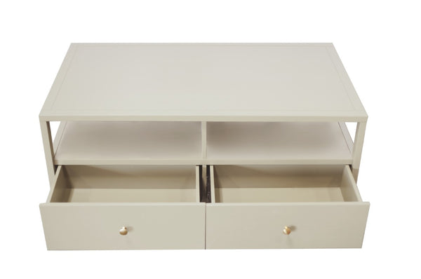 Alpine Furniture Avery Modern Cocktail Table With Four Drawers And Open Shelf, Brass Knobs, Fully Assembled Elegance Coconut Milk 2478-61