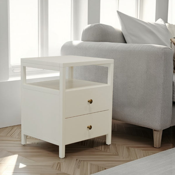 Alpine Furniture Avery Modern End Table With Two Drawers & Open Shelf, Brass-Finish Knobs, Fully Assembled Elegance Coconut Milk 2478-62