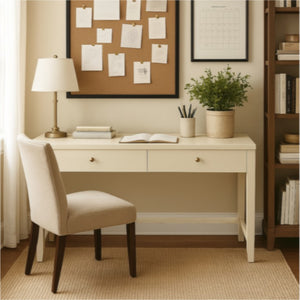 Alpine Furniture Avery Writing Desk With Brass Knobs And Two Drawers, Fully Assembled 54"W Workspace For Home Office Coconut Milk 2478-65