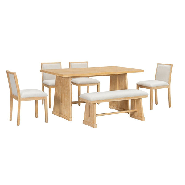 English Elm Trexm Six Piece Farmhouse Dining Set Wire Brushed Oak Veneer Table Linen Chairs Bench Natural ST000155AAN