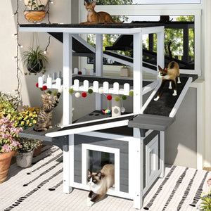 English Elm 4 Tier Outdoor Pine Cat Tower with Waterproof Roof Enclosed Den and Balcony Perch Grey,White N704P436318K