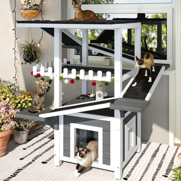 English Elm 4 Tier Outdoor Pine Cat Tower with Waterproof Roof Enclosed Den and Balcony Perch Grey,White N704P436318K