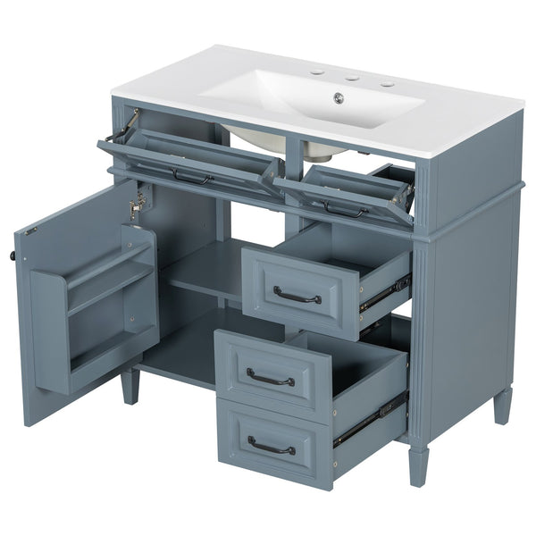 English Elm 36-Inch Modern Bathroom Vanity With Ceramic Sink Top, Storage Drawers, And Stylish Blue Gray Finish N725P350849E