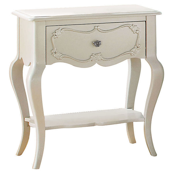English Elm Pearl Scalloped 1-Drawer Nightstand with Shelf — Elegant Pearl White Pine Accent Table with Storage and Display (26"H) B062P209006