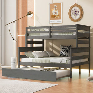 English Elm Wood Twin over Full Bunk Bed with Twin Trundle – Space-Saving Pine/MDF Triple Bed, Sturdy & Safe Design Grey GX000448AAE-1