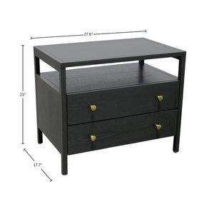 Alpine Furniture Avery Nightstand With Two Drawers & Open Shelf, Black Finish, Brass Knobs, Fully Assembled, 27.5"W 2478BLK-02