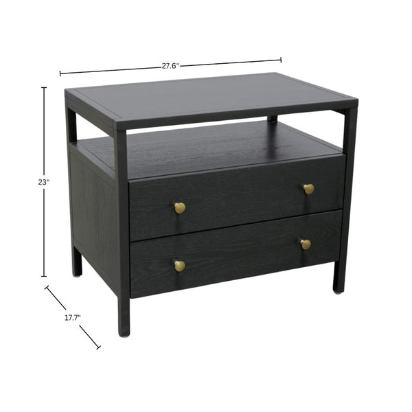 Alpine Furniture Avery Nightstand With Two Drawers & Open Shelf, Black Finish, Brass Knobs, Fully Assembled, 27.5"W 2478BLK-02
