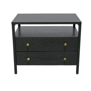 Alpine Furniture Avery Nightstand With Two Drawers & Open Shelf, Black Finish, Brass Knobs, Fully Assembled, 27.5"W 2478BLK-02