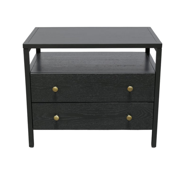 Alpine Furniture Avery Nightstand With Two Drawers & Open Shelf, Black Finish, Brass Knobs, Fully Assembled, 27.5"W 2478BLK-02