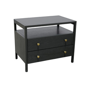 Alpine Furniture Avery Nightstand With Two Drawers & Open Shelf, Black Finish, Brass Knobs, Fully Assembled, 27.5"W 2478BLK-02