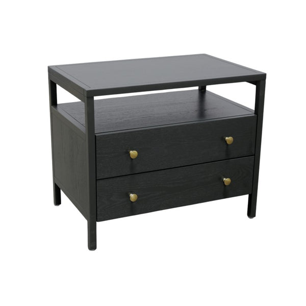 Alpine Furniture Avery Nightstand With Two Drawers & Open Shelf, Black Finish, Brass Knobs, Fully Assembled, 27.5"W 2478BLK-02