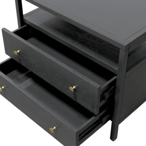 Alpine Furniture Avery Nightstand With Two Drawers & Open Shelf, Black Finish, Brass Knobs, Fully Assembled, 27.5"W 2478BLK-02
