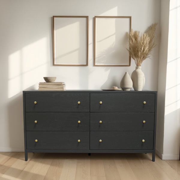 Alpine Furniture Avery 63" Six-Drawer Dresser In Black — Modern Farmhouse Storage, Brass Knobs, Fully Assembled, Safe 2478BLK-03