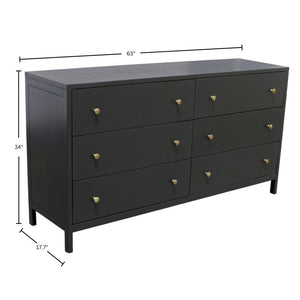 Alpine Furniture Avery 63" Six-Drawer Dresser In Black — Modern Farmhouse Storage, Brass Knobs, Fully Assembled, Safe 2478BLK-03