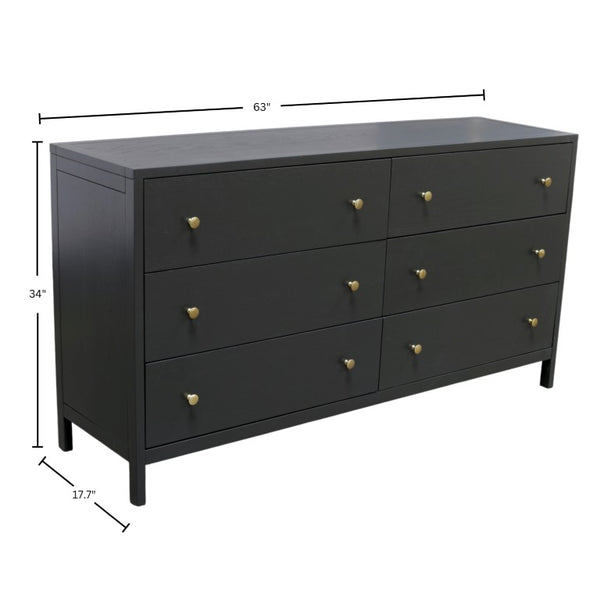 Alpine Furniture Avery 63" Six-Drawer Dresser In Black — Modern Farmhouse Storage, Brass Knobs, Fully Assembled, Safe 2478BLK-03